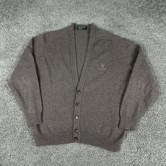 Lyle & Scott Sweater Mens Large Brown Lambswool Cardigan Button Front Knit Logo - Picture 1 of 9